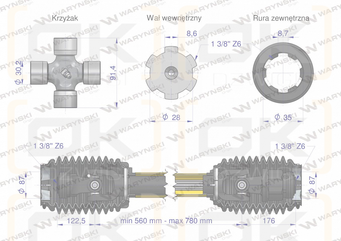 Eje articulado telescópico 560-780 mm 830 Nm cubierto CE 2020 serie 6S, Waryński
