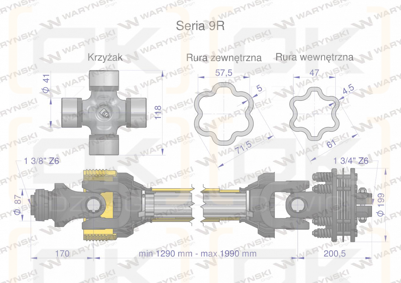 Wał przegubowo-teleskopowy 1290-1990mm 1950Nm sprzęgło cierne 2500Nm Z6 - 1 3/4 CE 2020 seria 9X Waryński
