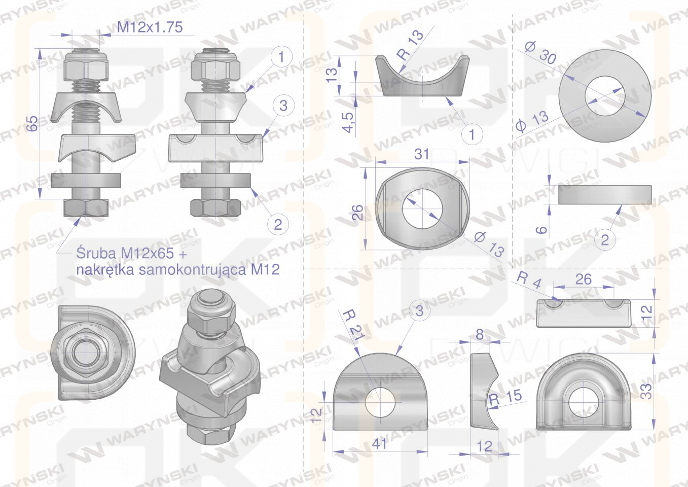 Mocowanie palca kpl. śruba M12 zastosowanie Deutz Fahr Waryński