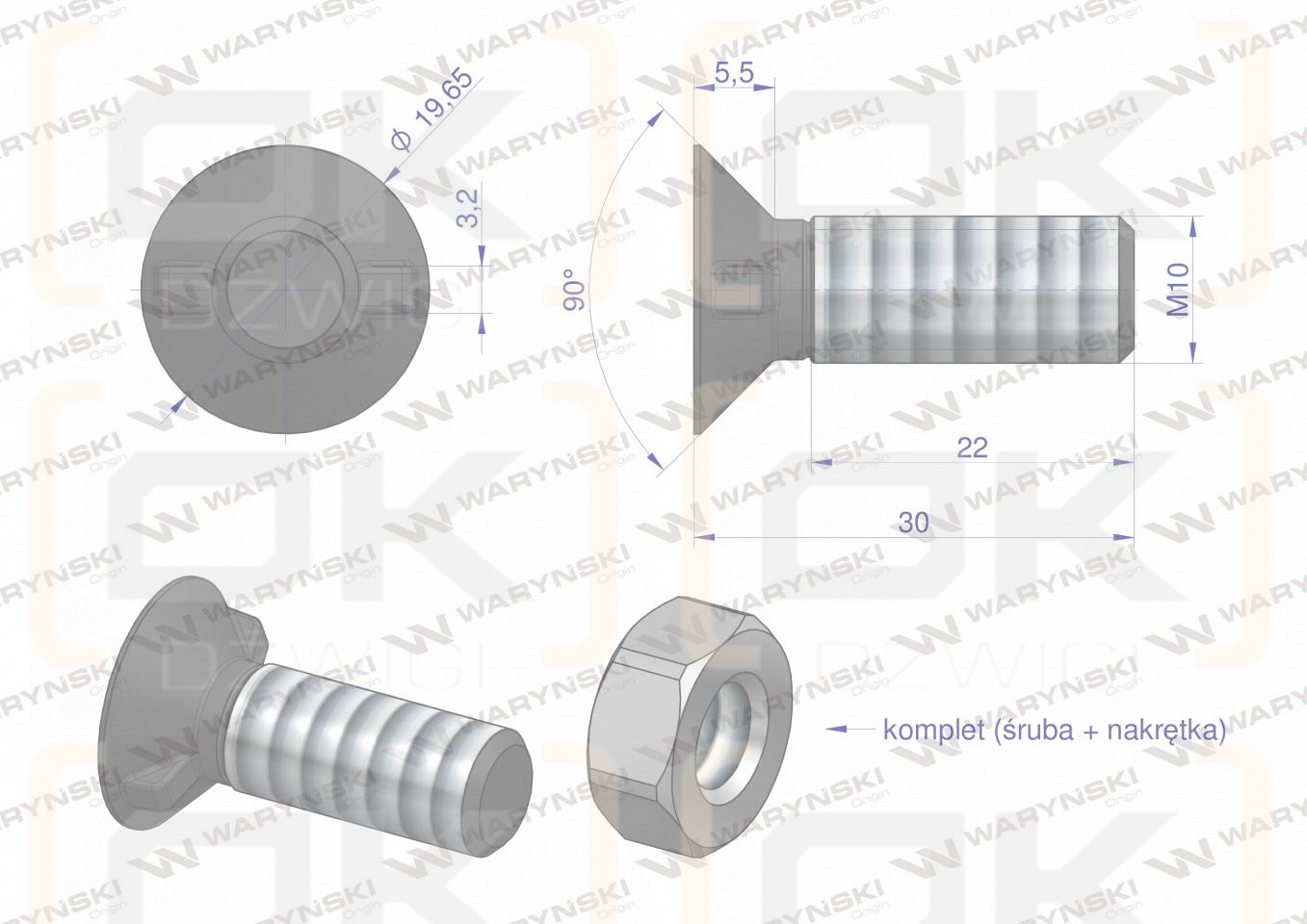 Śruba kpl. płużna dwunoskowa większy łeb M10x30 mm kl.10.9 Waryński ( sprzedawane po 25 )