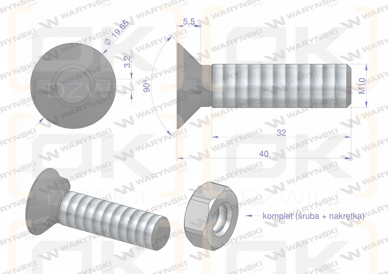 Śruba kpl. płużna dwunoskowa większy łeb M10x40 mm kl.10.9 Waryński ( sprzedawane po 25 )