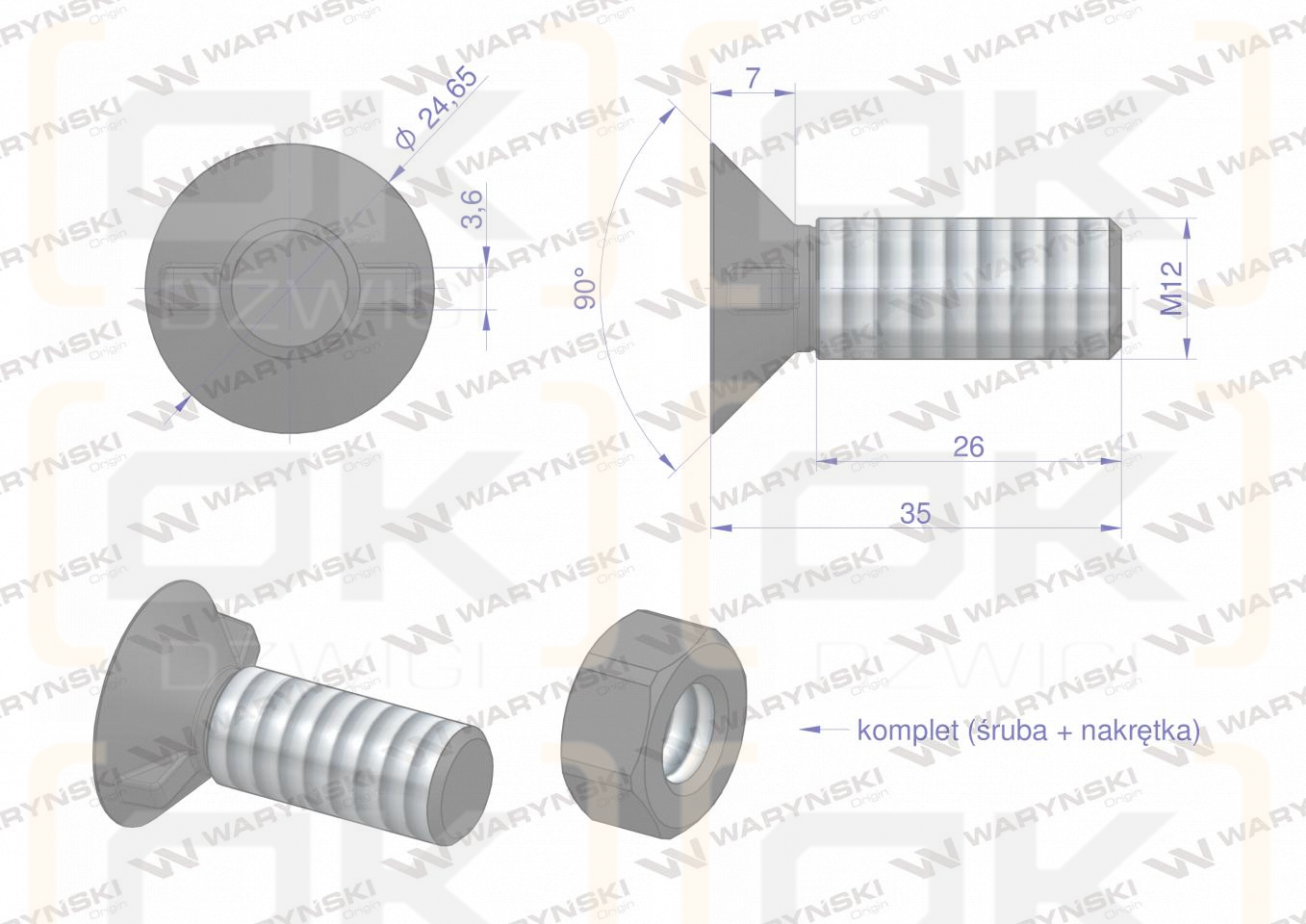 Śruba kpl. płużna dwunoskowa większy łeb M12x35 mm kl.12.9 Waryński ( sprzedawane po 25 )