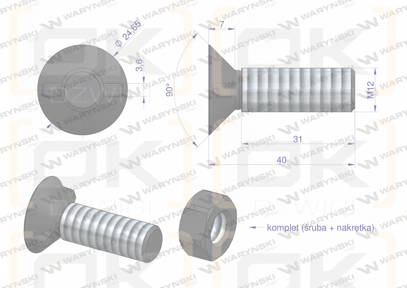 Śruba kpl. płużna dwunoskowa większy łeb M12x40 mm kl.12.9 Waryński ( sprzedawane po 25 )
