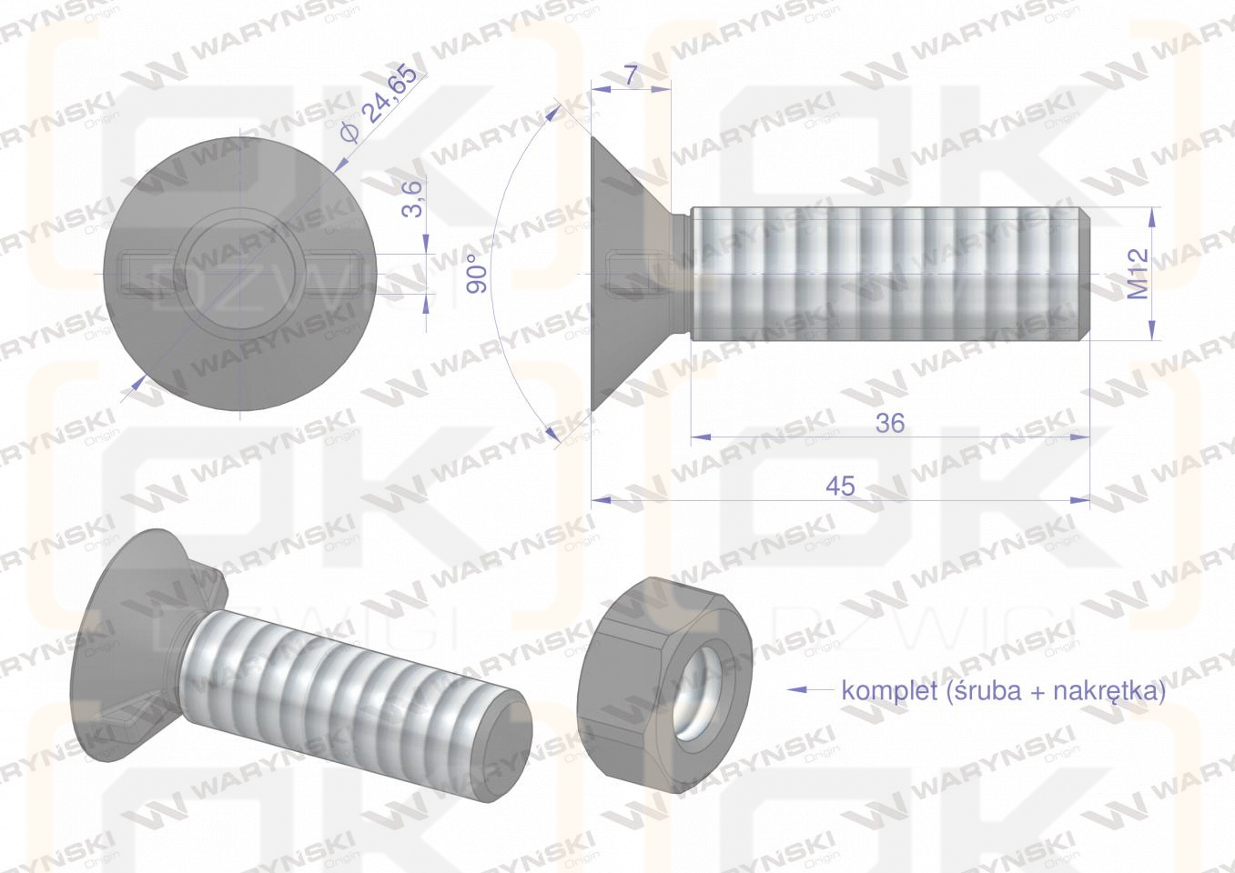 Śruba kpl. płużna dwunoskowa większy łeb M12x45 mm kl.12.9 Waryński ( sprzedawane po 25 )