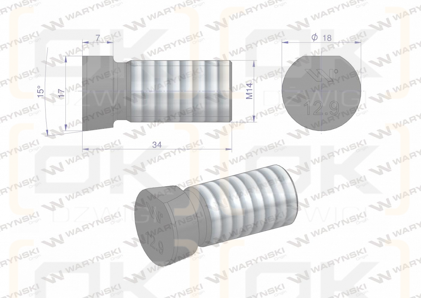Śruba kpl. płużna oval z jednej strony ścięta M14x34 mm kl.12.9 zastosowanie Kverneland Waryński M14X34OV1 ( sprzedawane po 25 )