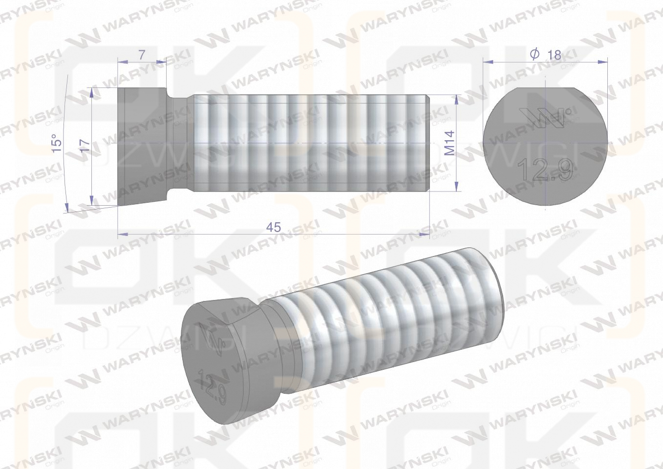 Śruba kpl. płużna oval z jednej strony ścięta M14x45 mm kl.12.9 zastosowanie Kverneland Waryński M14X45OV1 ( sprzedawane po 25 )