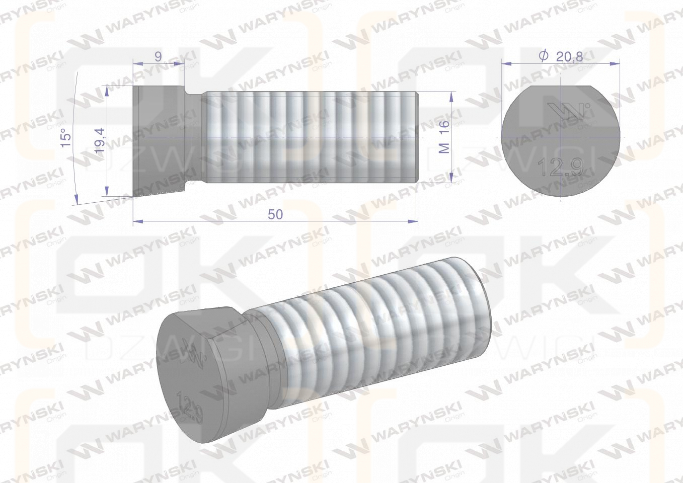 Śruba kpl. płużna oval z jednej strony ścięta M16x50 mm kl.12.9 zastosowanie Kverneland Waryński M16X50OV1 ( sprzedawane po 10 )