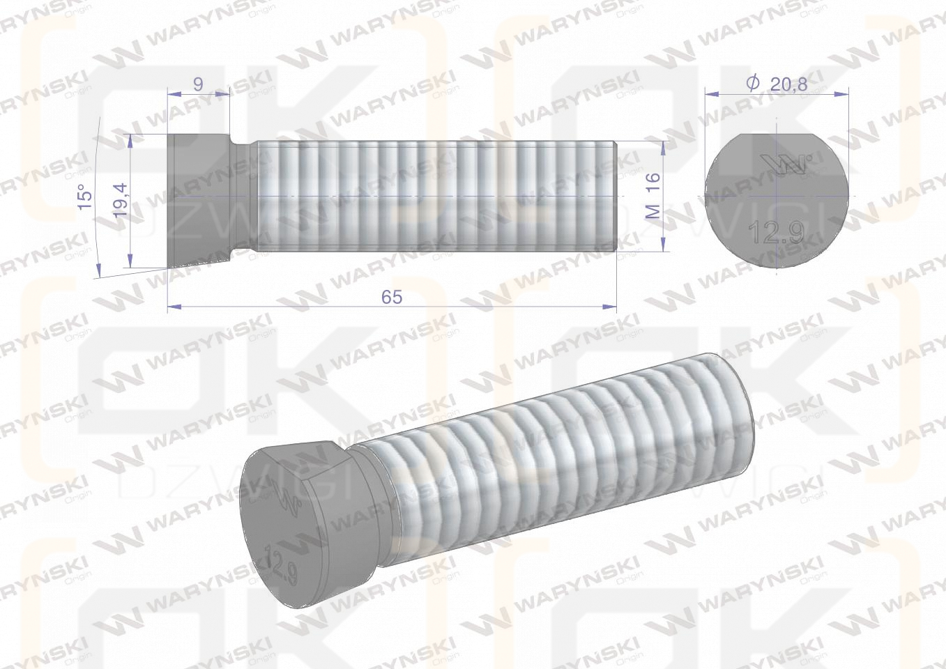 Śruba kpl. płużna oval z jednej strony ścięta M16x65 mm kl.12.9 zastosowanie Kverneland Waryński M16X65OV1 ( sprzedawane po 10 )