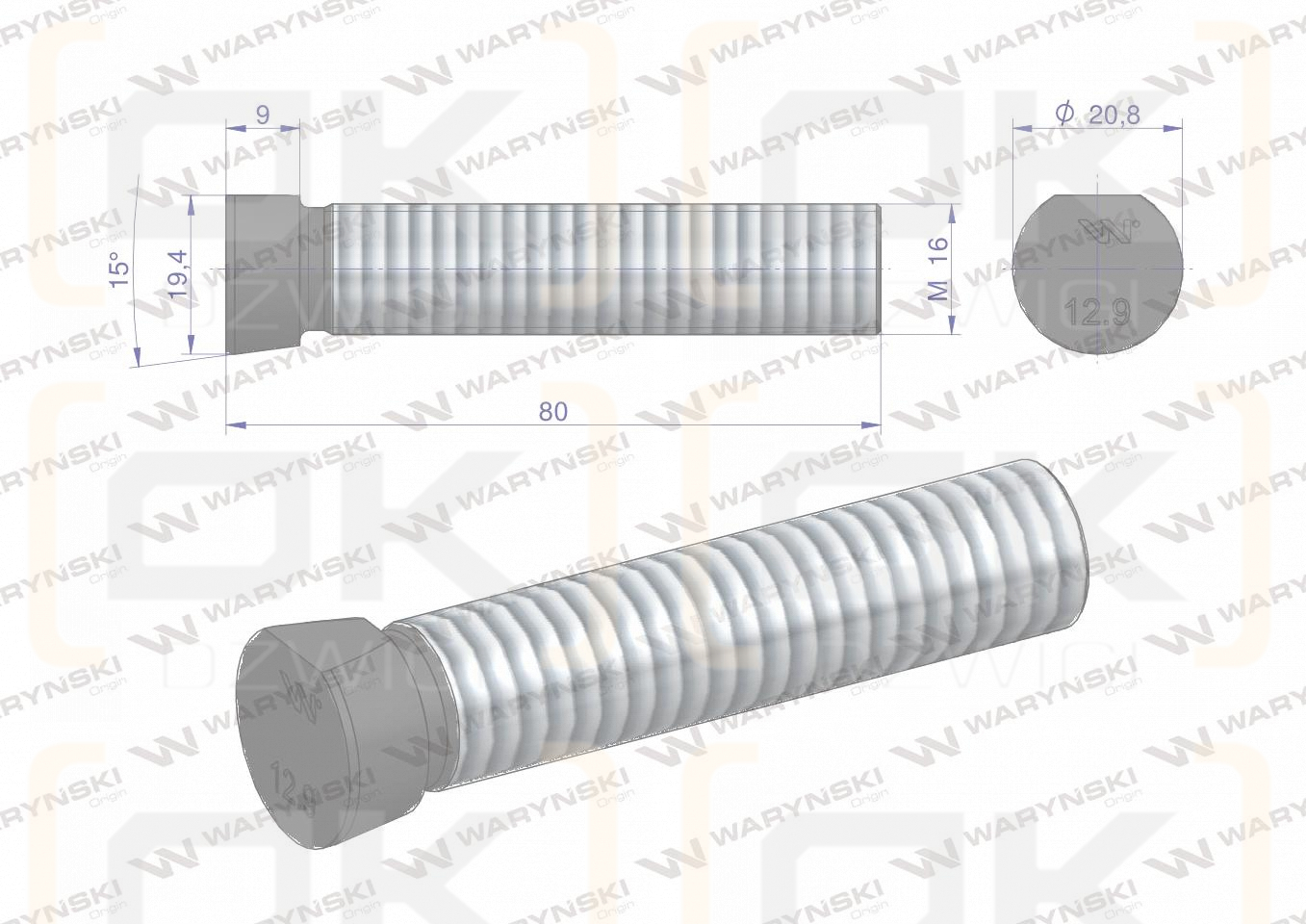Śruba kpl. płużna oval z jednej strony ścięta M16x80 mm kl.12.9 zastosowanie Kverneland Waryński M16X80OV1 ( sprzedawane po 10 )