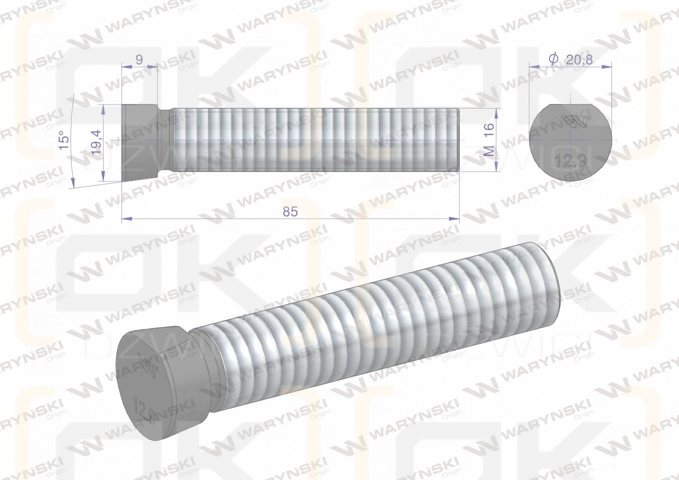 Śruba kpl. płużna oval z jednej strony ścięta M16x85 mm kl.12.9 zastosowanie Kverneland Waryński M16X85OV1 ( sprzedawane po 10 )