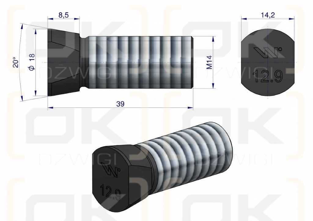 Śruba kpl. płużna oval z dwóch stron ścięta M14x39 mm kl.12.9 zastosowanie Vogel & Noot Waryński M14X39OV2VN ( sprzedawane po 25 )