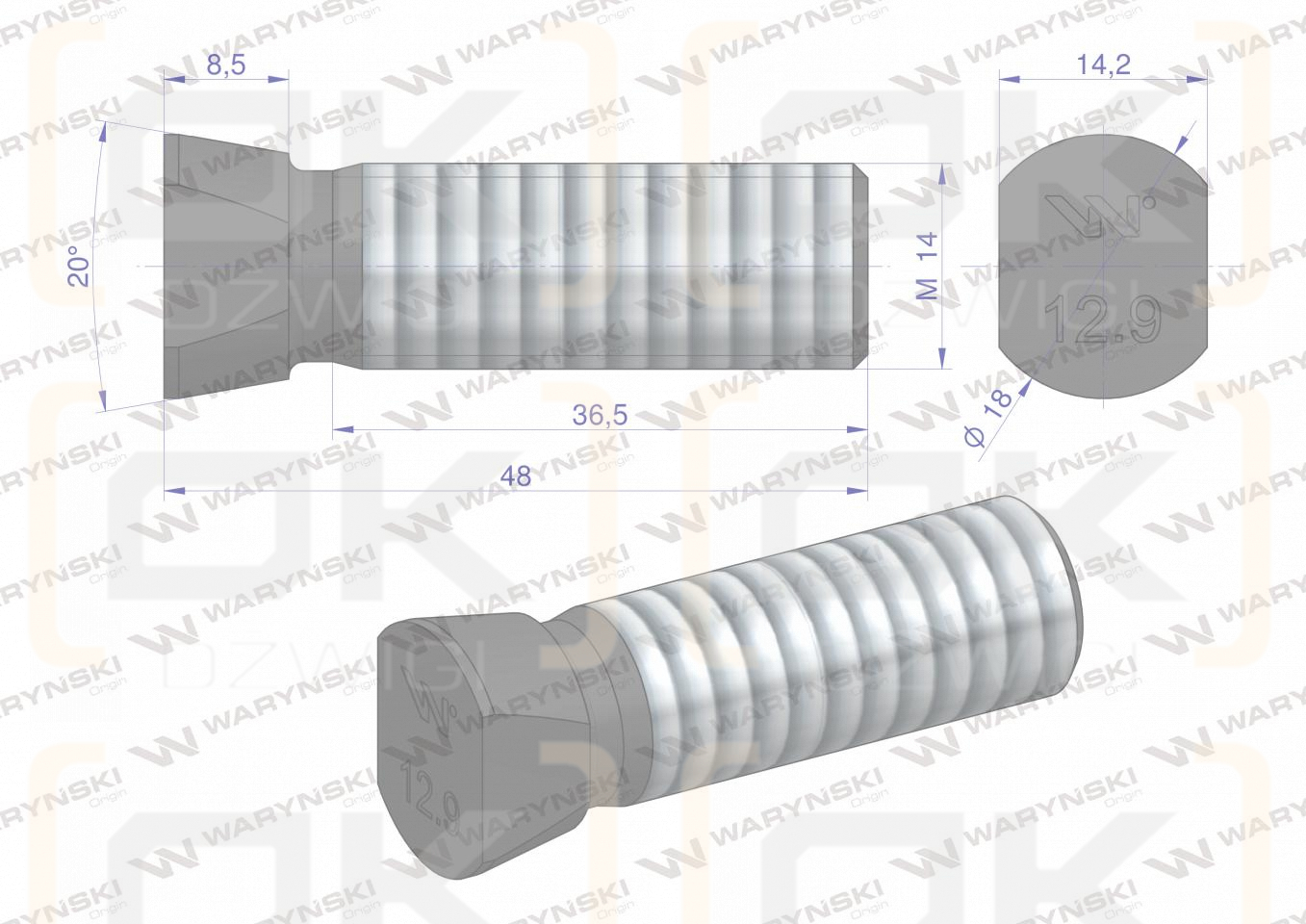 Śruba kpl. płużna oval z dwóch stron ścięta M14x48 mm kl.12.9 zastosowanie Vogel & Noot Waryński M14X48OV2VN ( sprzedawane po 25 )