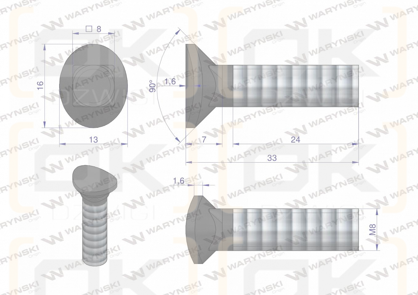 Śruba kpl. redliczkowa półokrągła M8x33 mm kl. 8.8 Waryński ( sprzedawane po 25 )
