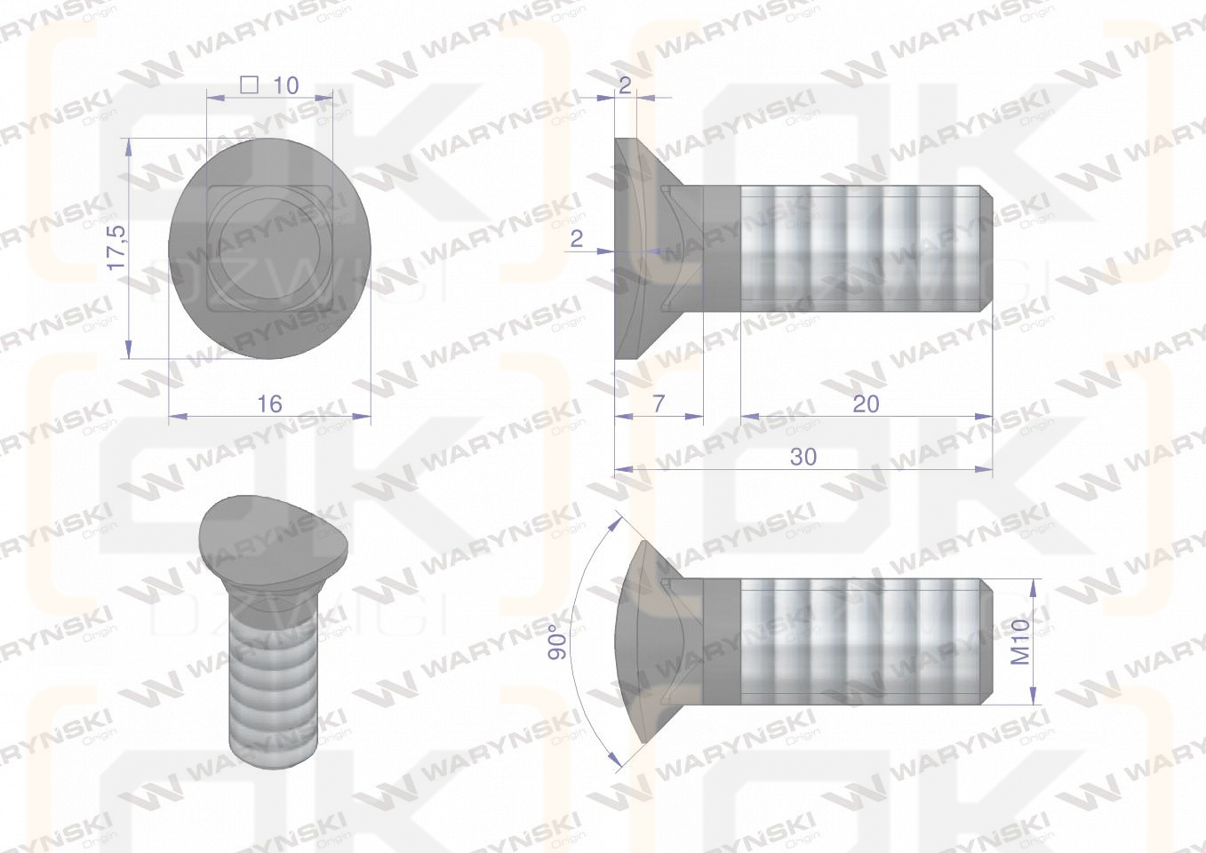 Śruba kpl. redliczkowa półokrągła M10x30 mm kl. 8.8 Waryński ( sprzedawane po 25 )