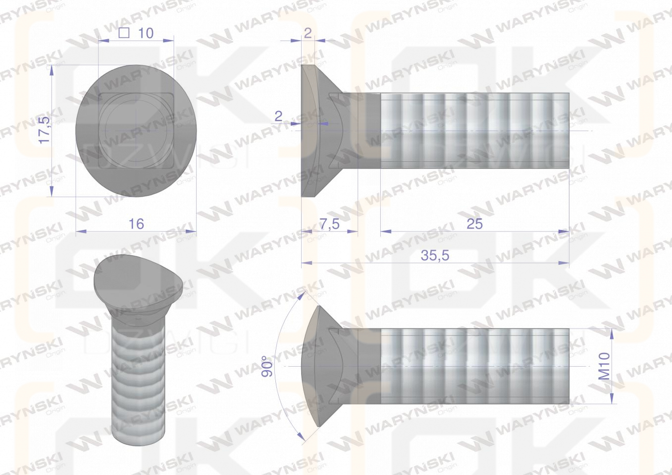Śruba redliczkowa półokrągła M10x35 mm kl. 8.8 Waryński ( sprzedawane po 10kg )