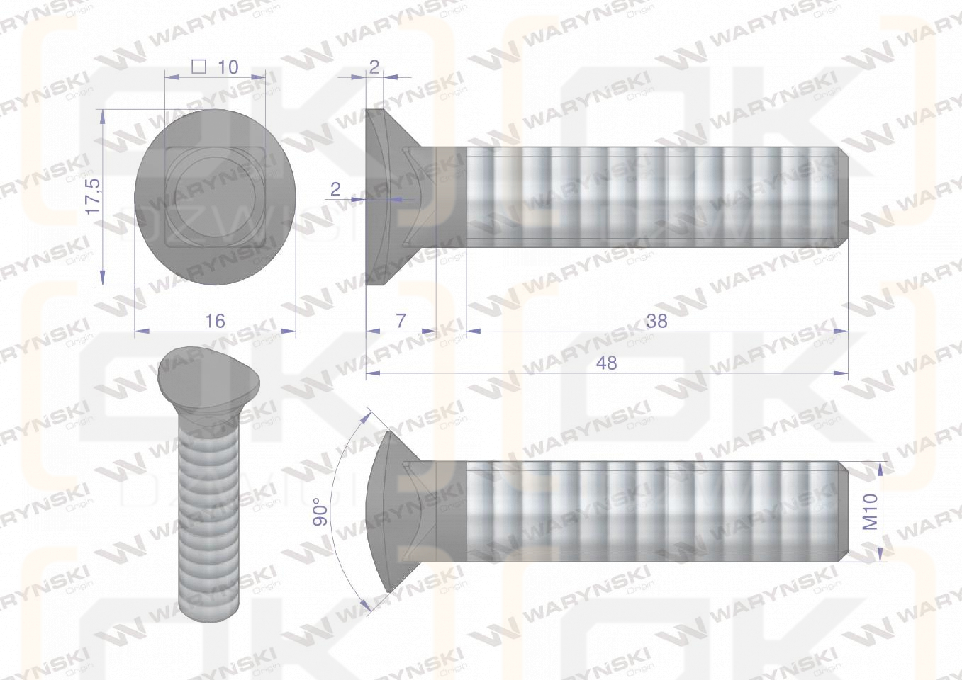 Śruba kpl. redliczkowa półokrągła M10x48 mm kl. 8.8 Waryński ( sprzedawane po 25 )