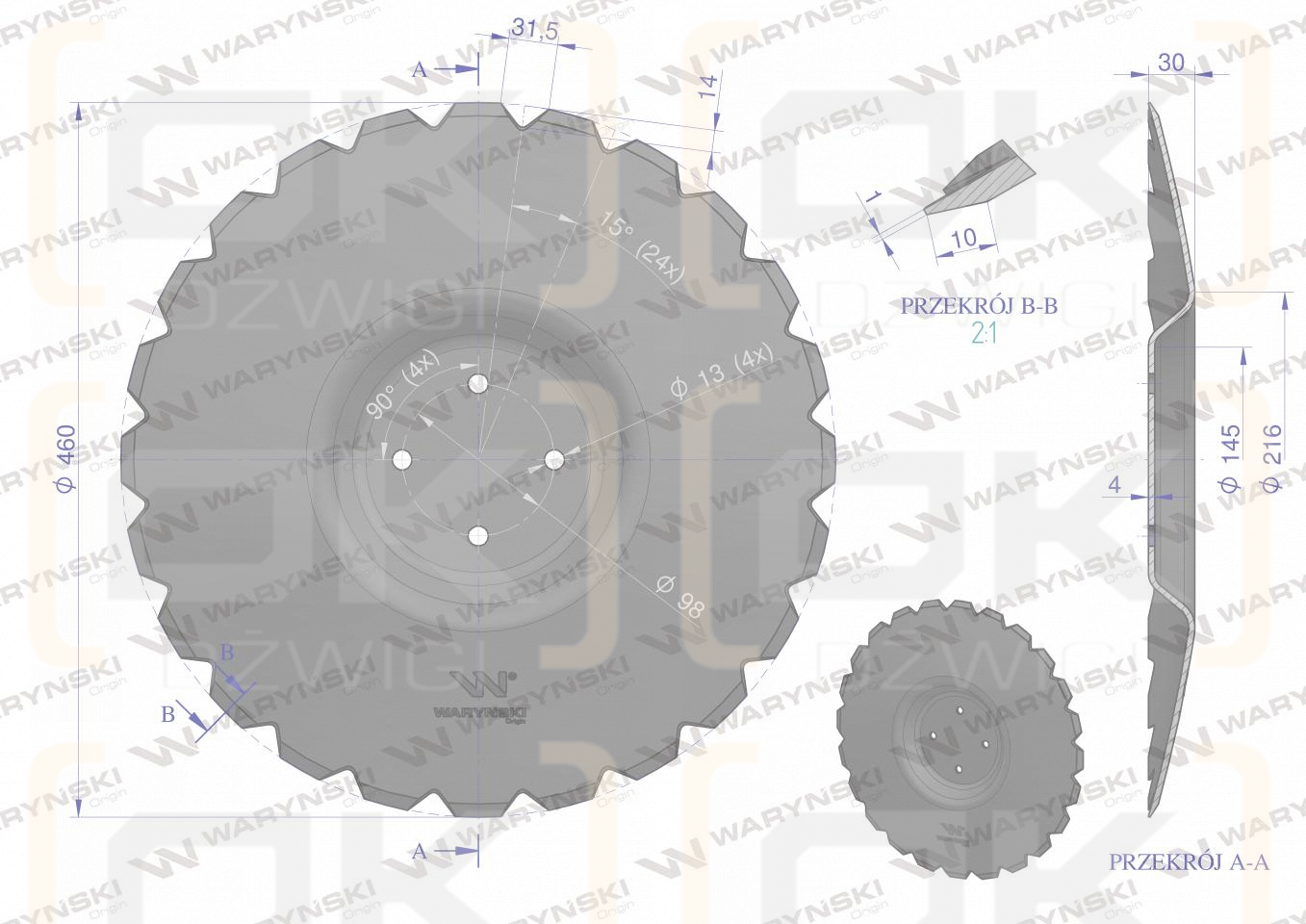 Plate, toothed Z-24 fi 460 mounting 4/98 thickness 3.5 mm pressed boron steel, Unia Ares 1680130040, Waryński
