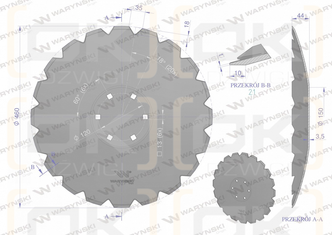 Toothed disc Z-20 fi 460 mounting 6/120 thickness 3.5 mm boron steel straight hub, Tolmet, Waryński