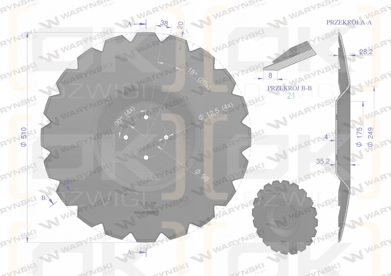 Talerz uzębiony Z-20 fi 510 mocowanie 4/98 grubość 4 mm przetłoczony stal borowa WARYŃSKI R