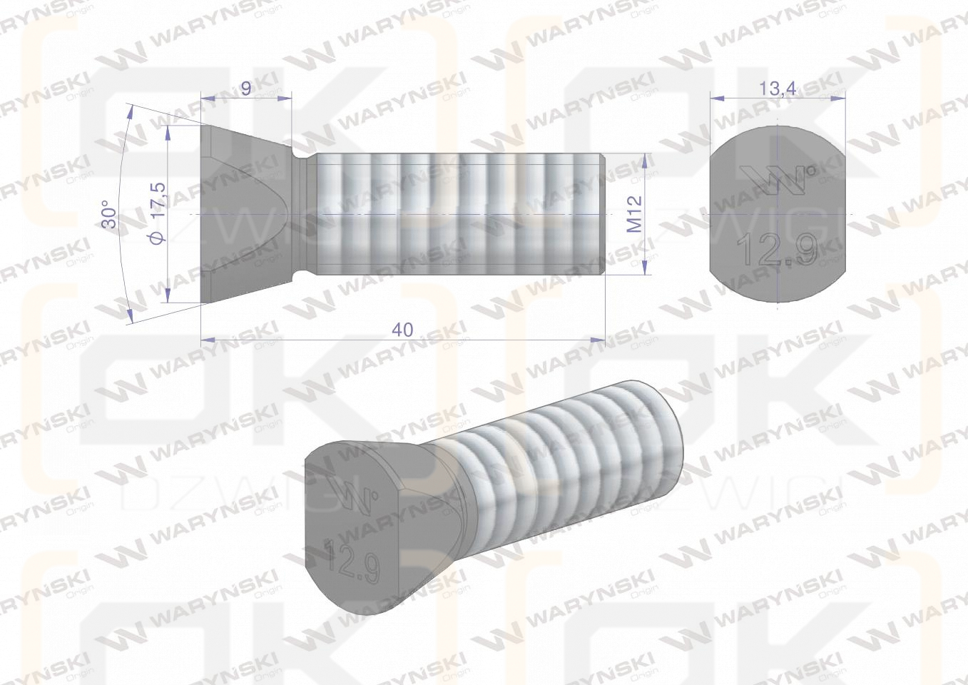 Śruba kpl. płużna oval z dwóch stron ścięta M12x40 mm kl.12.9 zastosowanie Vogel & Noot Waryński M12X40OV2VN ( sprzedawane po 25 )