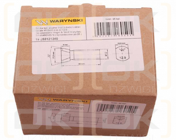 Śruba kpl. płużna oval z dwóch stron ścięta M12x40 mm kl.12.9 zastosowanie Vogel & Noot Waryński M12X40OV2VN ( sprzedawane po 25 )
