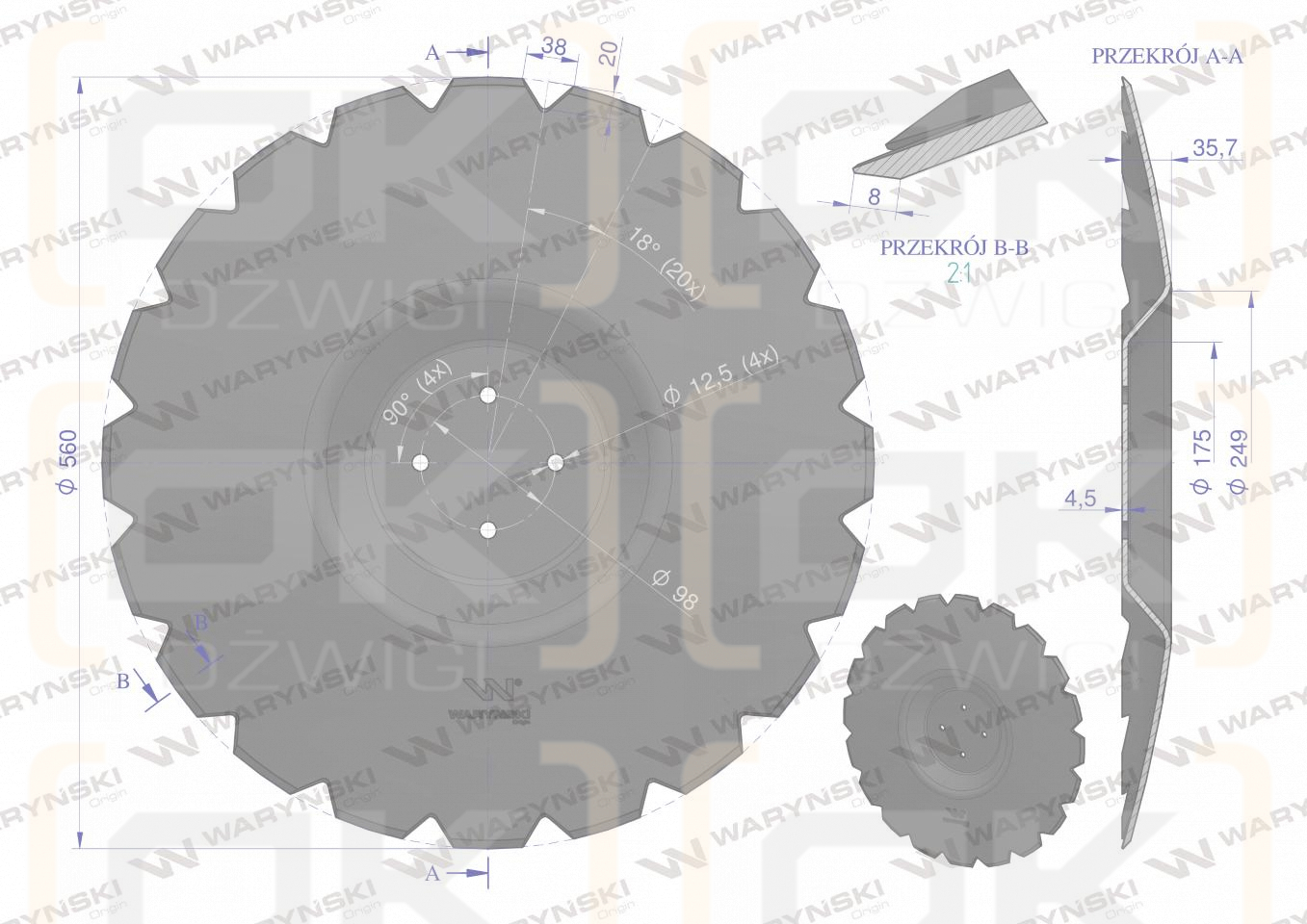 Talerz uzębiony Z-20 fi 560 mocowanie 4/98 grubość 4.5 mm przetłoczony stal borowa WARYŃSKI R
