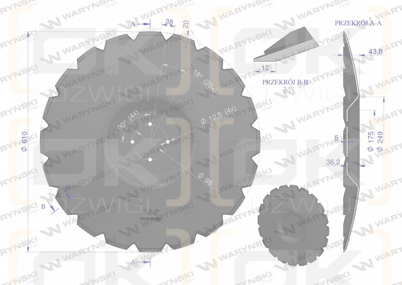 Talerz uzębiony Z-20 fi 610 mocowanie 4/98 grubość 5 mm przetłoczony stal borowa WARYŃSKI R