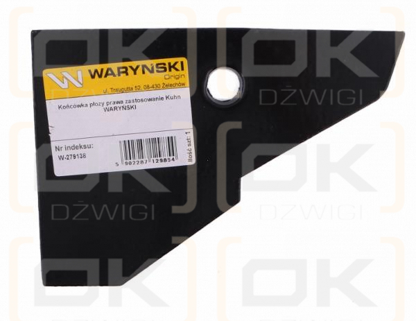 Końcówka płozy prawa zastosowanie Kuhn stal borowa WARYŃSKI