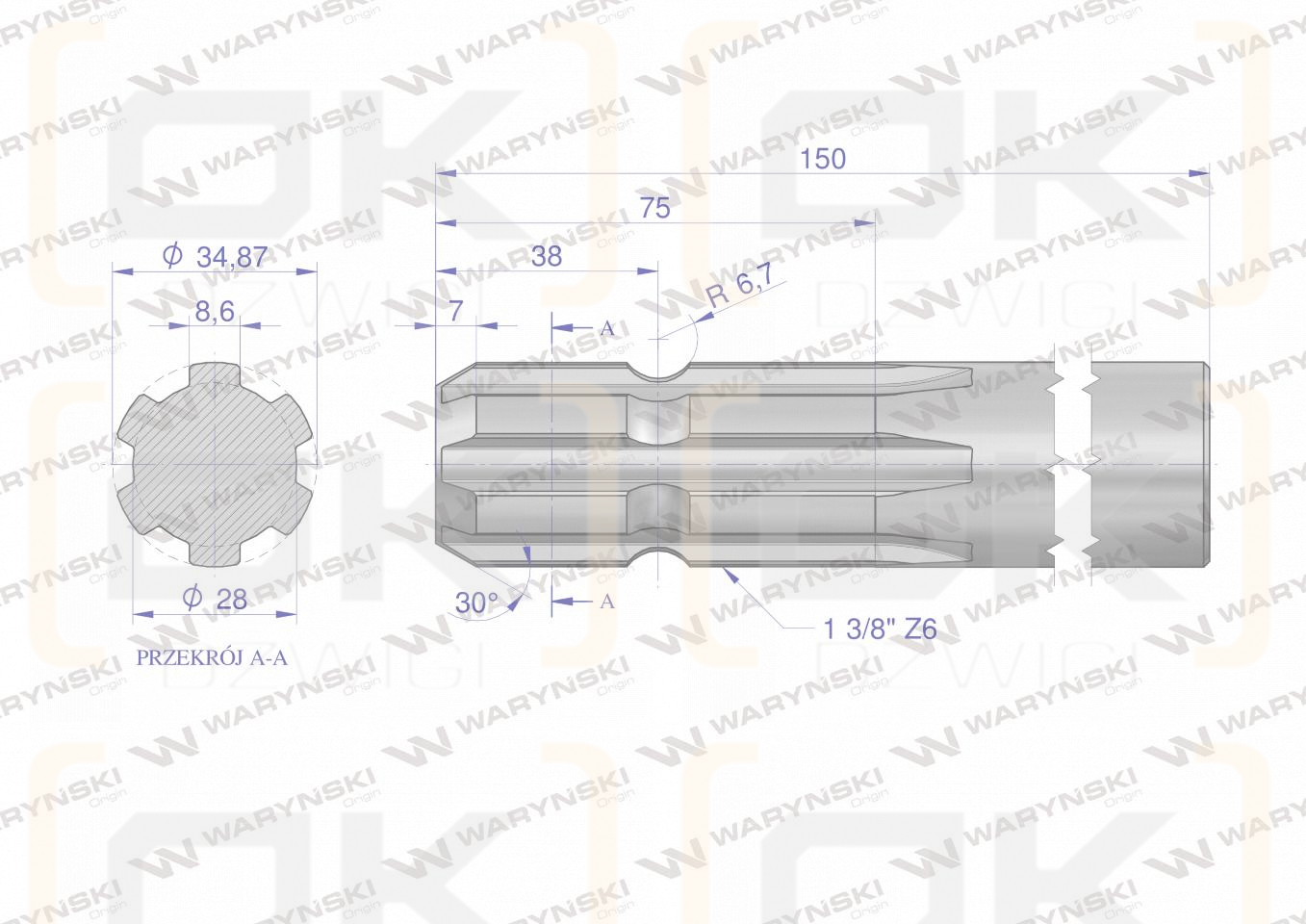 Wałek, WOM frezowany jednostronnie 150mm Z6 - 1 3/8, Waryński