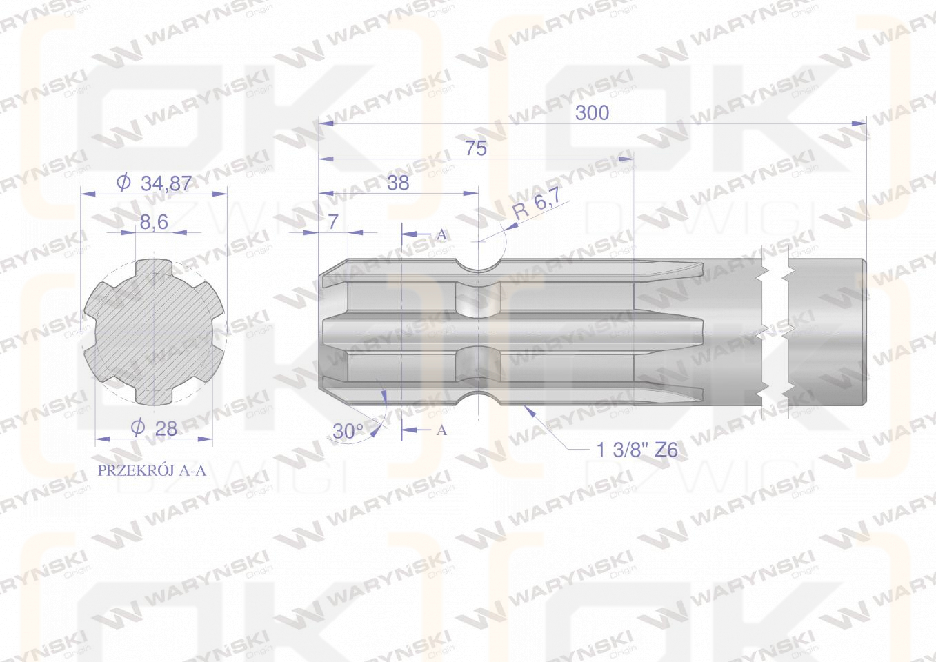 Wałek, WOM frezowany jednostronnie 300mm Z6 - 1 3/8, Waryński