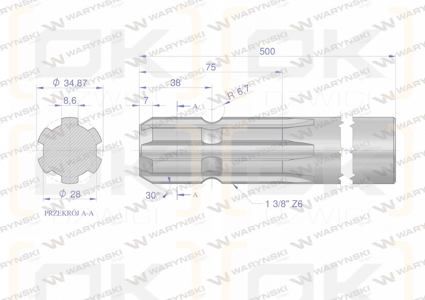 Wałek, WOM frezowany jednostronnie 500mm Z6 - 1 3/8, Waryński