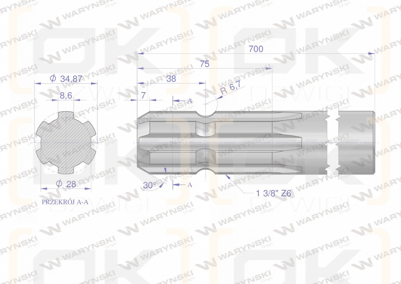 Wałek, WOM frezowany jednostronnie 700mm Z6 - 1 3/8, Waryński