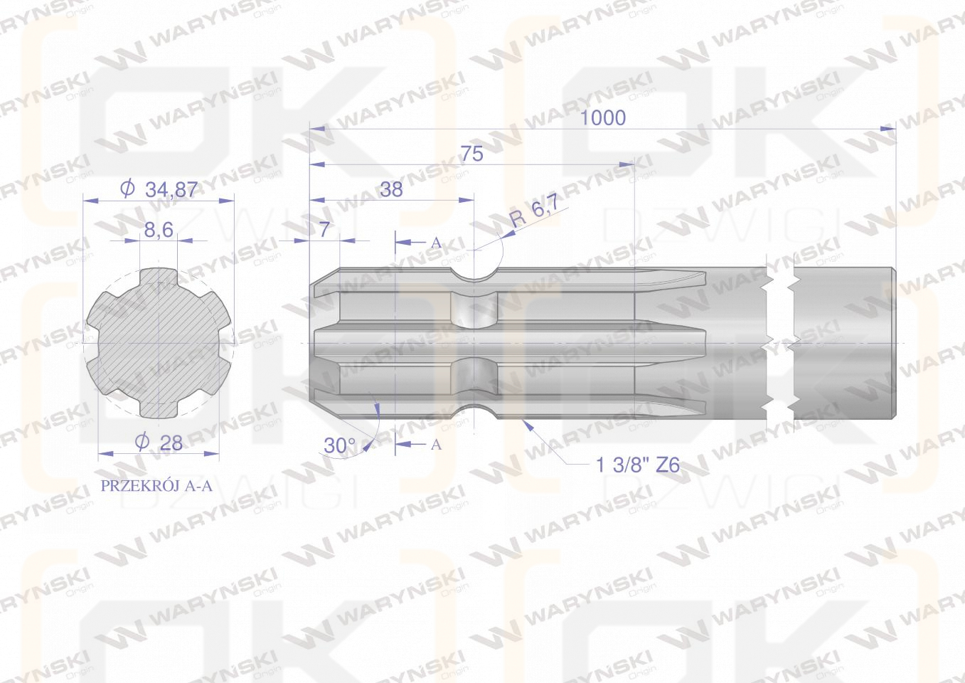 Wałek, WOM frezowany jednostronnie 1000mm Z6 - 1 3/8, Waryński
