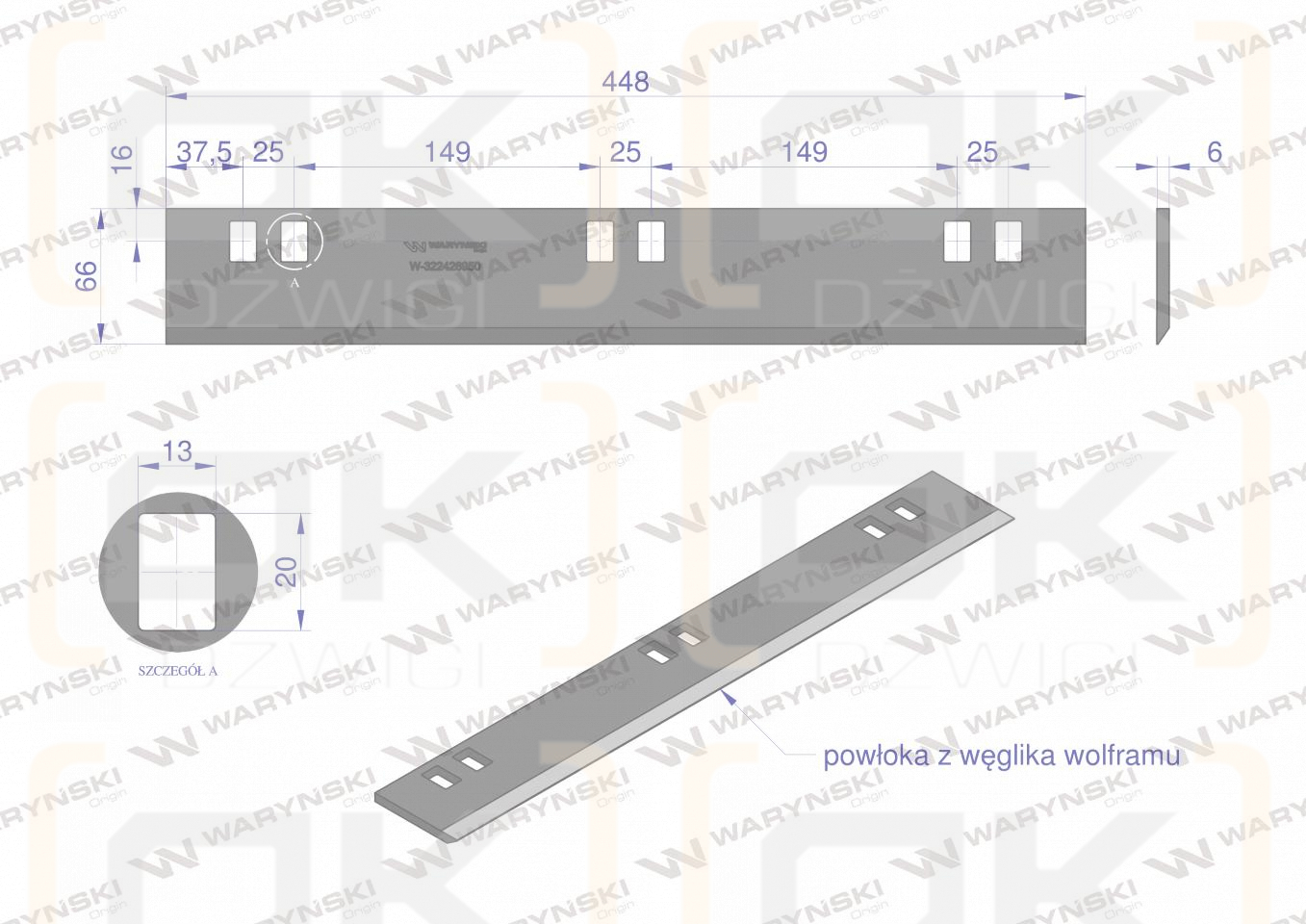Nóż walca zrywacza napawany 448x66x6 otwory 6x20mm zastosowanie New Holland Laverda WARYŃSKI