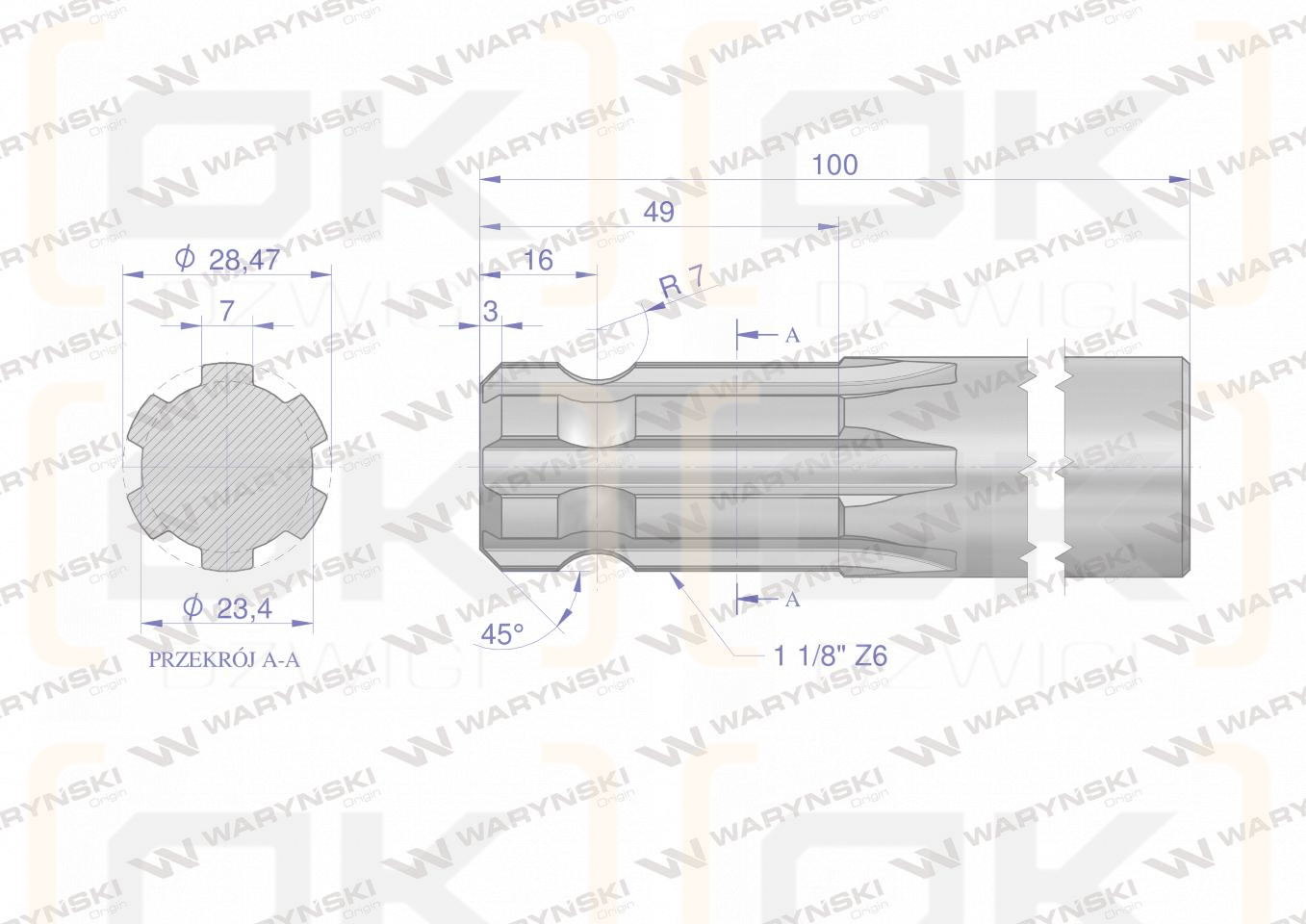 Wałek, WOM frezowany jednostronnie 100mm Z6 - 1 1/8, Waryński