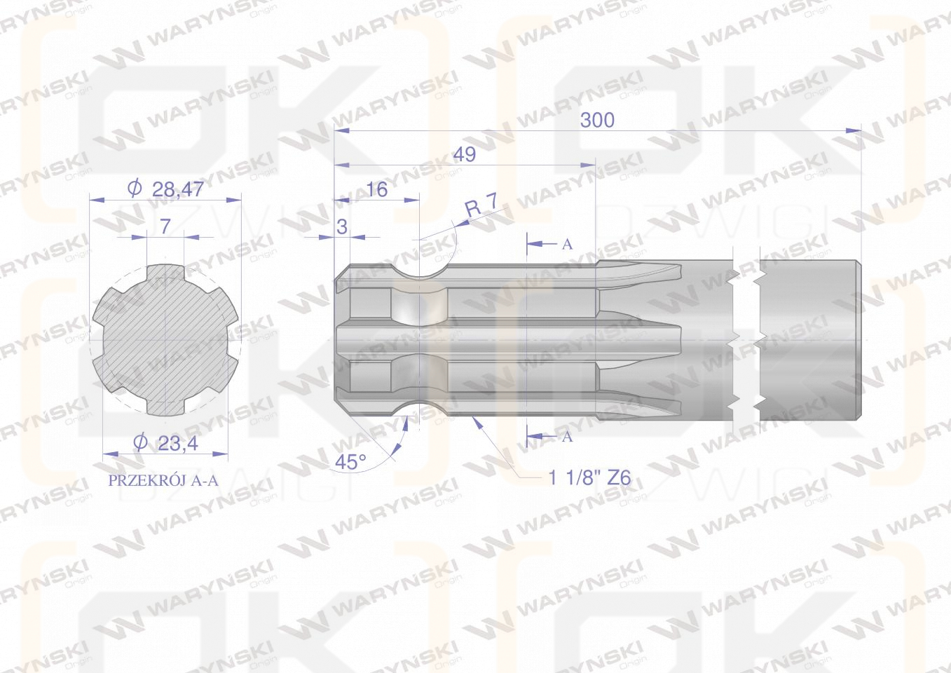 Wałek, WOM frezowany jednostronnie 300mm Z6 - 1 1/8, Waryński