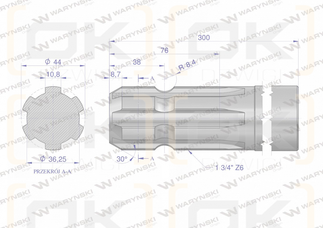 Wałek, WOM frezowany jednostronnie 300mm Z6 - 1 3/4, Waryński