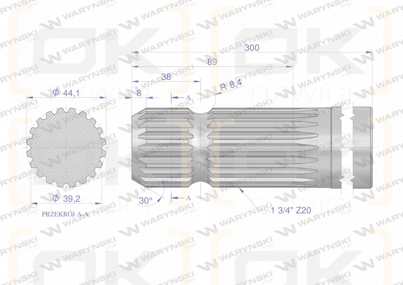 Wałek, WOM frezowany jednostronnie 300mm Z20 - 1 3/4, Waryński
