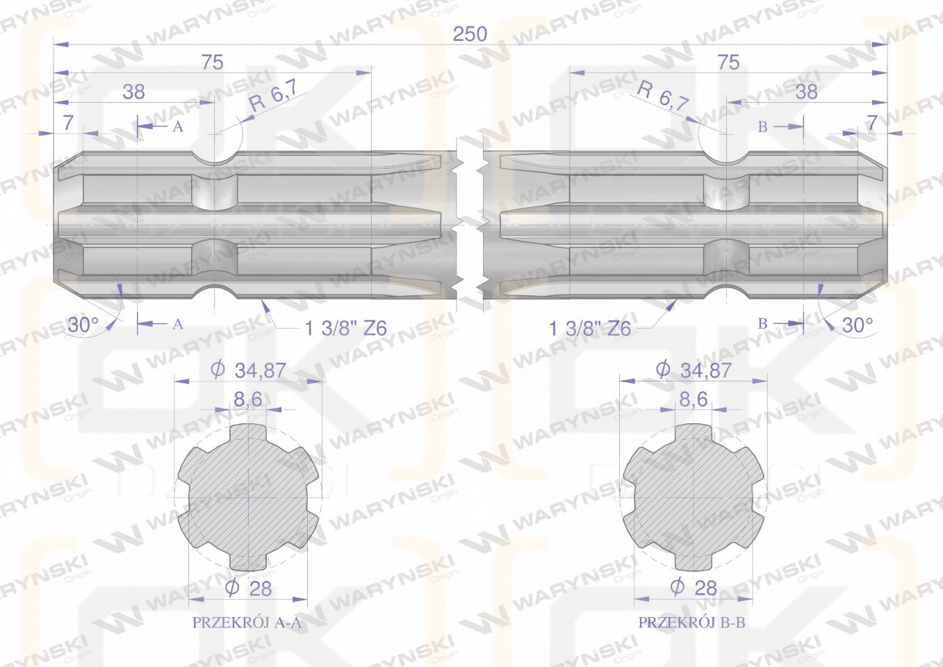 Wałek, WOM frezowany dwustronnie 250mm Z6 - 1 3/8, Waryński