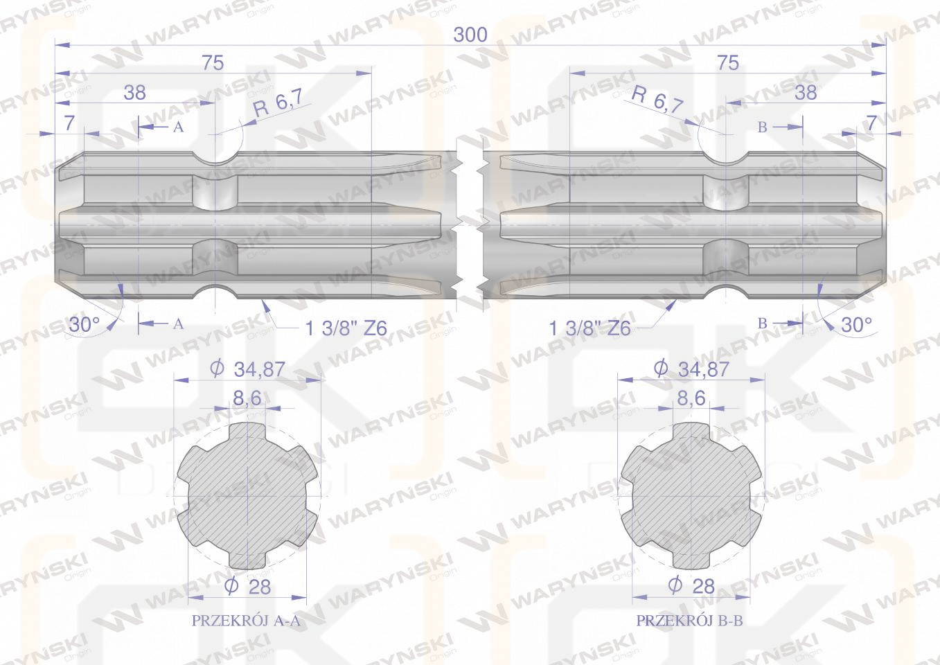 Wałek, WOM frezowany dwustronnie 300mm Z6 - 1 3/8, Waryński
