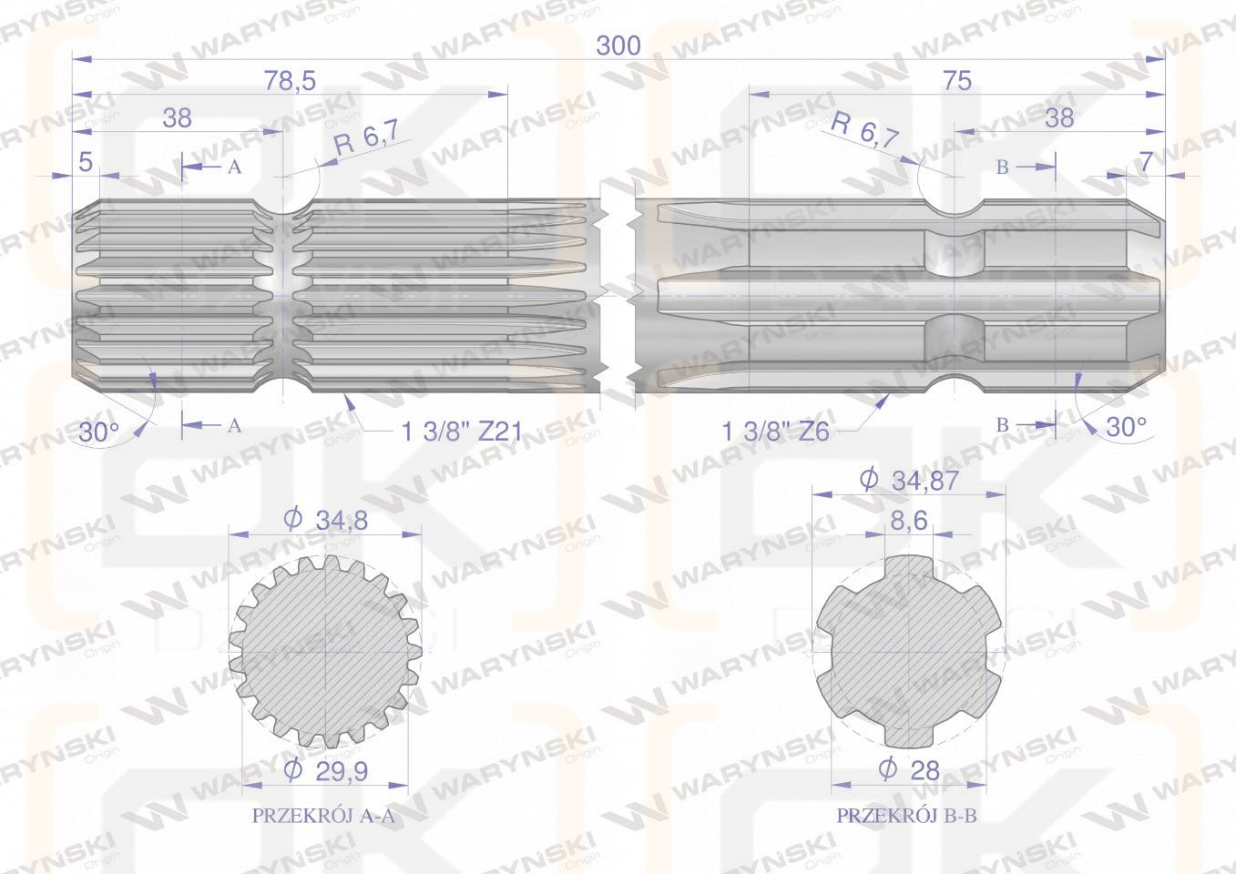 Wałek, WOM frezowany dwustronnie 300mm Z21 - 1 3/8 na Z6 - 1 3/8, Waryński