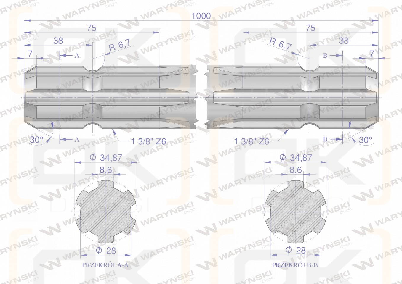 Wałek, WOM frezowany dwustronnie 1000mm Z6 - 1 3/8, Waryński