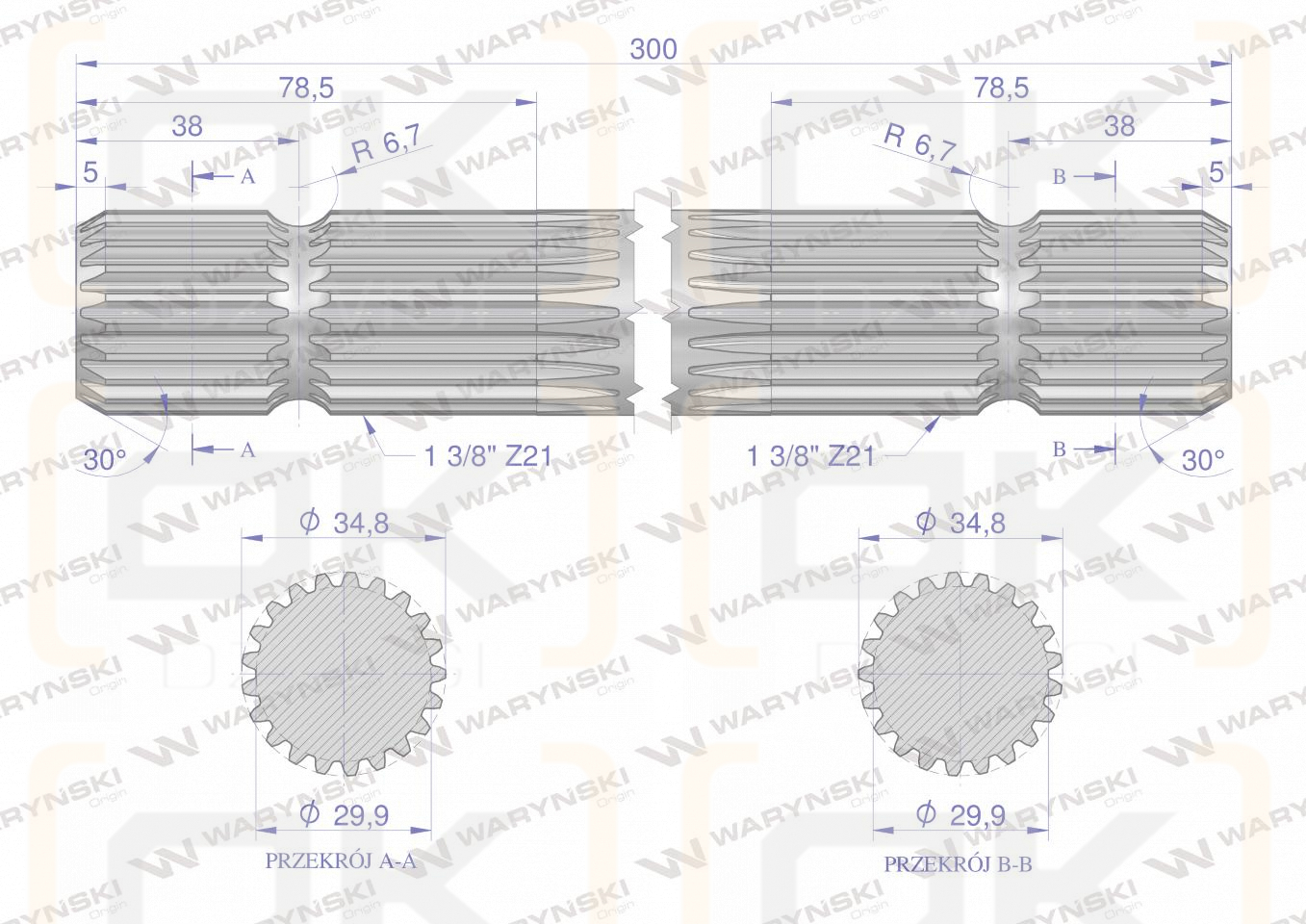 Wałek, WOM frezowany dwustronnie 300mm Z21 - 1 3/8, Waryński