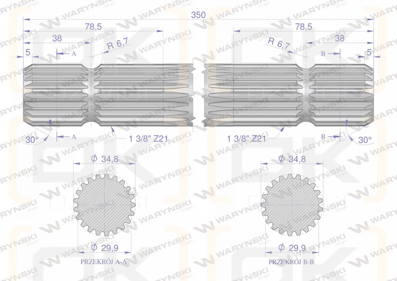 Wałek, WOM frezowany dwustronnie 350mm Z21 - 1 3/8, Waryński