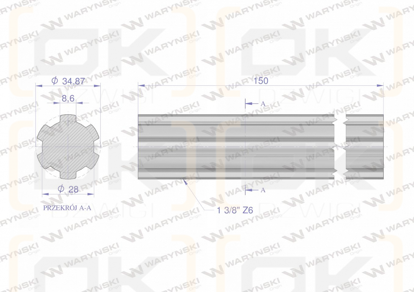 Wałek, WOM frezowany całościowo 150mm Z6 - 1 3/8, Waryński