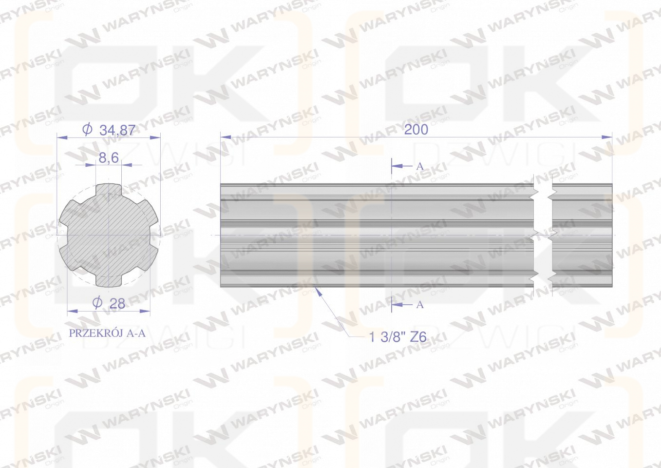 Wałek, WOM frezowany całościowo 200mm Z6 - 1 3/8, Waryński