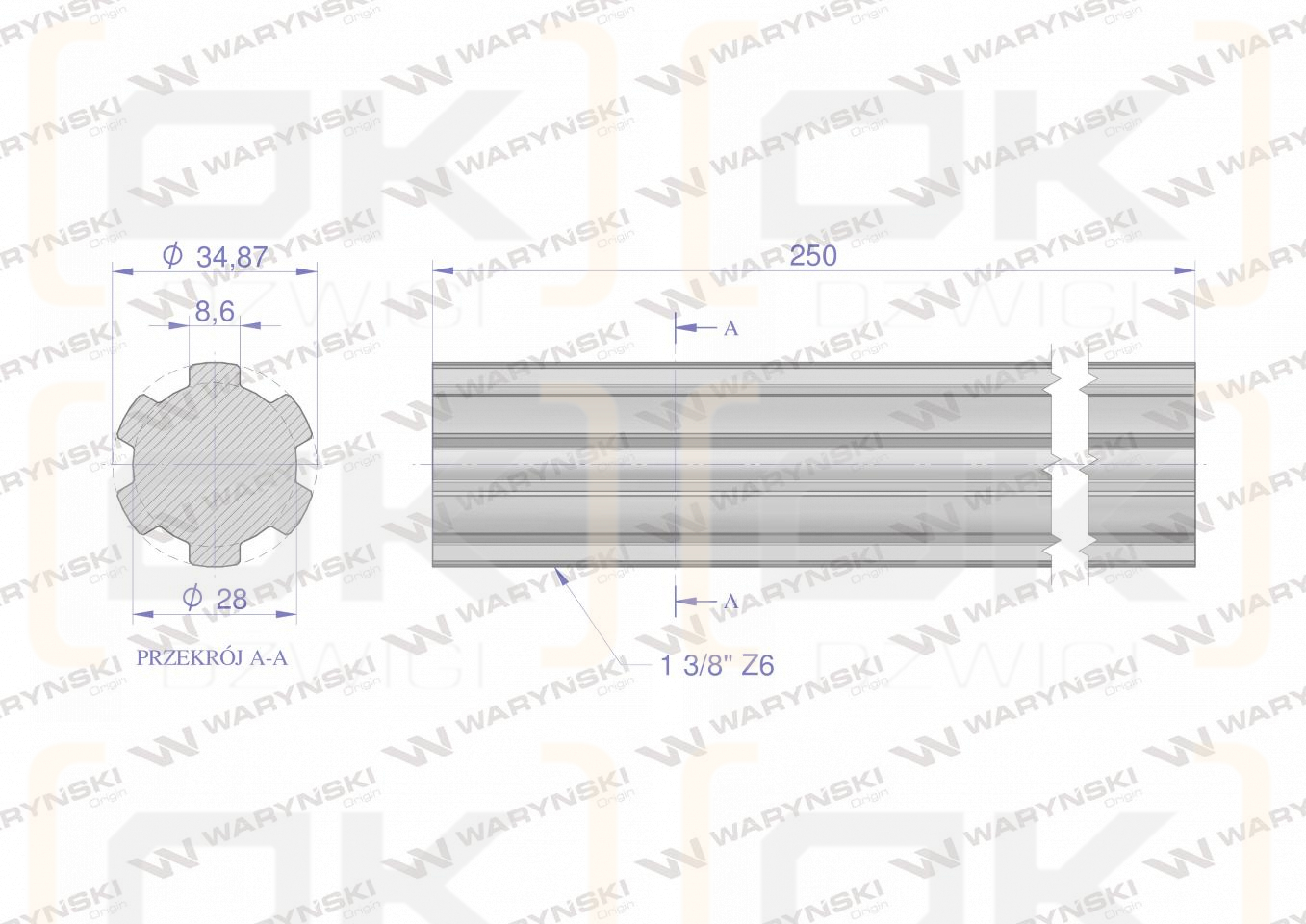 Wałek, WOM frezowany całościowo 250mm Z6 - 1 3/8, Waryński