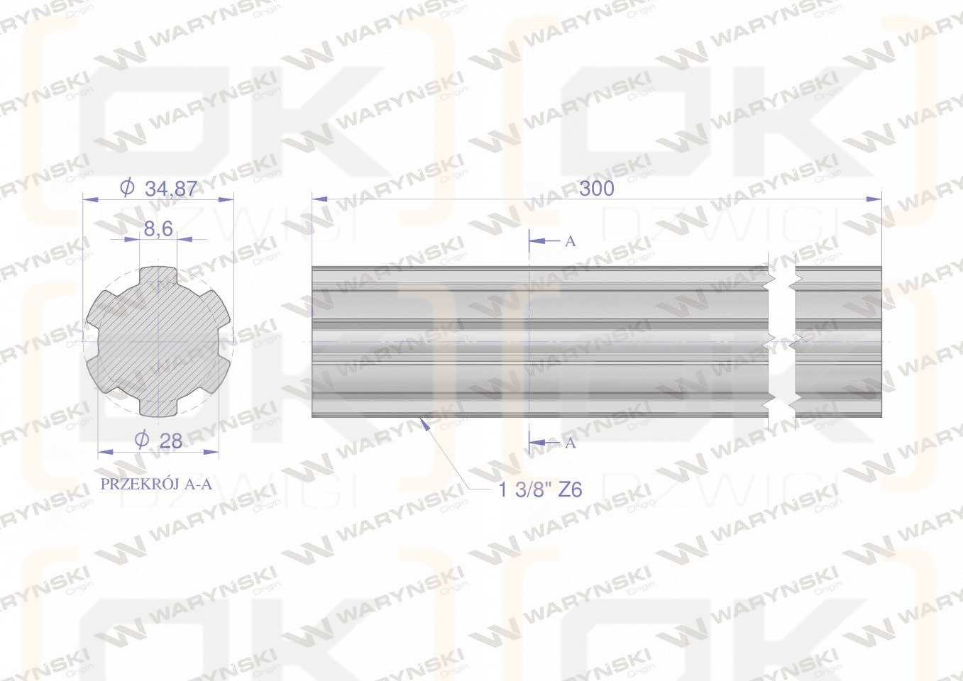 Wałek, WOM frezowany całościowo 300mm Z6 - 1 3/8, Waryński