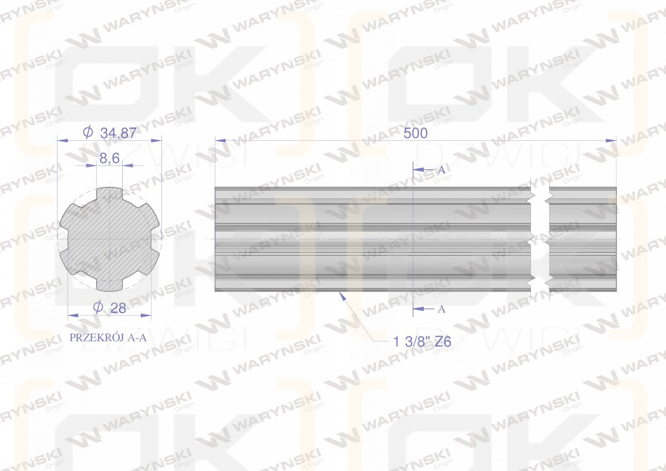 Wałek, WOM frezowany całościowo 500mm Z6 - 1 3/8, Waryński