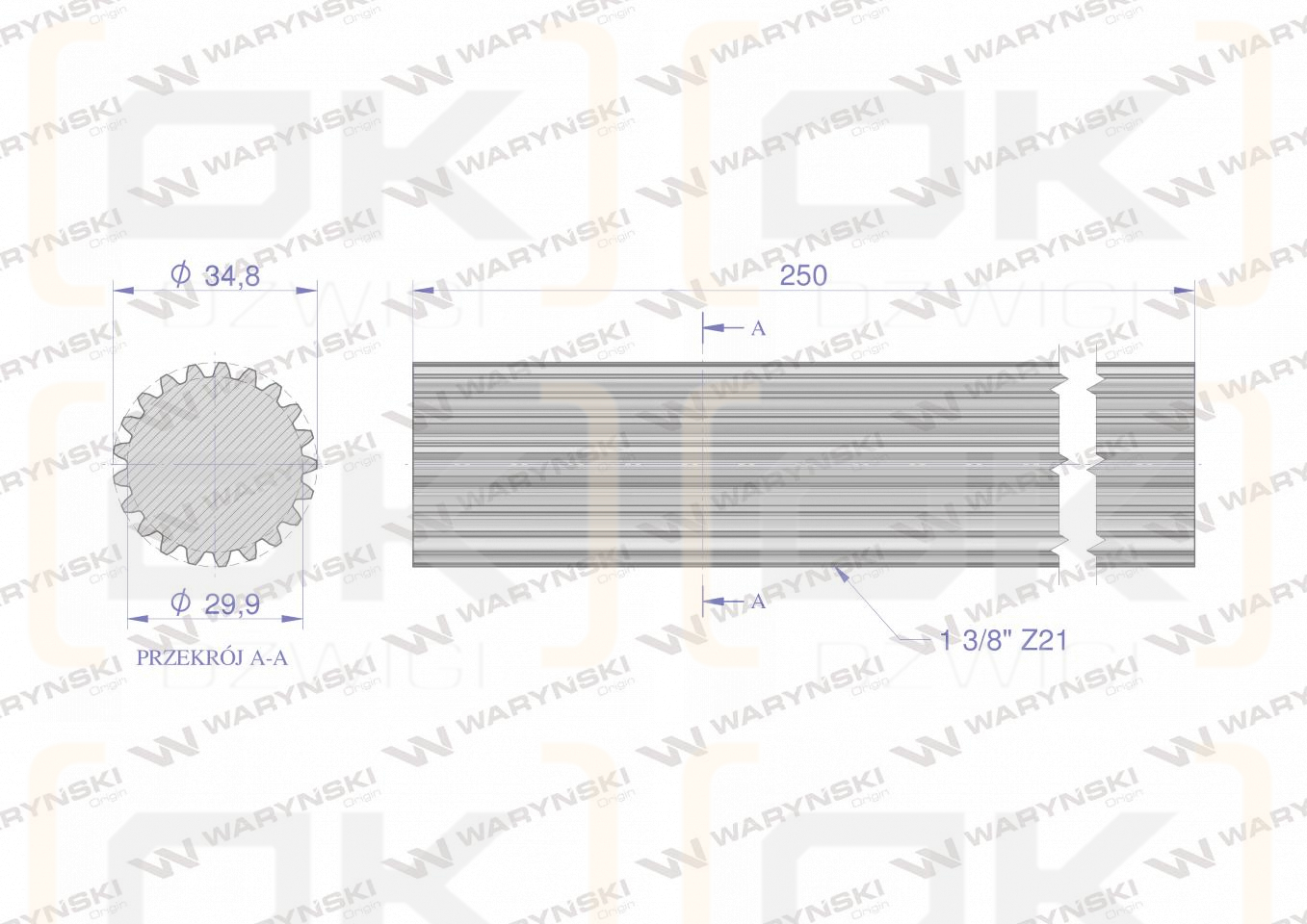 Shaft, PTO milled entirely 250mm Z21 - 1 3/8, Waryński
